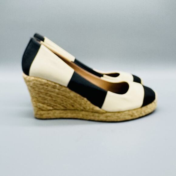 J Crew Shoes Womens 9.5 Black Ivory Wedge Espadrille Canvas Striped Summer - Picture 1 of 12